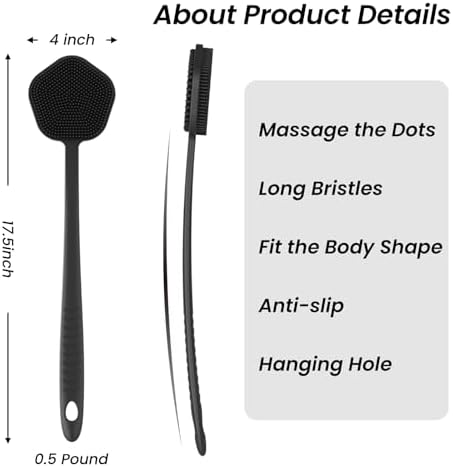 Redfly Silicone Back Scrubber for Shower Brush, 17 inch Long Handled Silicone Body Scrubber for Men & Women, Double Sided Shower Scrubber for Body Brush Exfoliator and Massage, Black