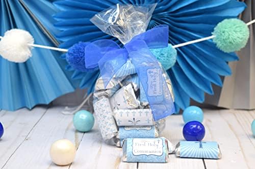 First Holy Communion Mini Chocolate Candy Bar Sticker Wrappers for Boys, 45 1.4" x 2.6" Wrap Around Labels by AmandaCreation, Great for Party Favors