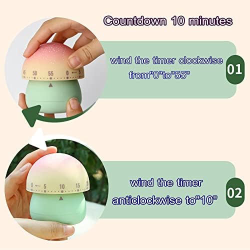 Mechanical Kitchen Timer, Cute Mushroom Timers for Kids, Wind Up 60 Minutes Manual Countdown Timer for Classroom, Home, Study and Cooking (Green Base)