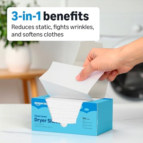 Amazon Basics Dryer Sheets, Clean Linen Scent, Laundry Fabric Softener, 160 Sheets