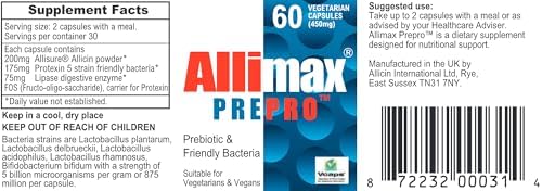 ALLIMAX Pre Pro - 60 Caps. Stabilized allicin Plus prebiotics, probiotics and Digestive enzymes.