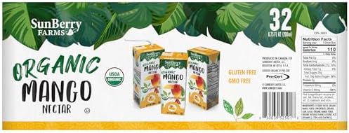 Sunberry Farms Organic Mango Nectar Juice Boxes 32 Pack (6.75 fl oz) – Organic Mango Juice Drinks, All Natural, Real Sugar, Tropical Fruit Juice for Kids & Family