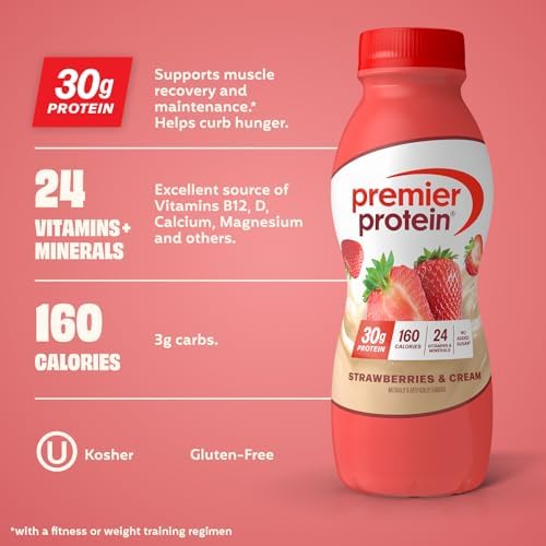 Premier Protein Shake, Strawberries & Cream, 30g Protein, No Added Sugar, 24 Vitamins & Minerals to Support Immune Health, 11.5 fl oz, 12 Pack (Packaging May Vary)