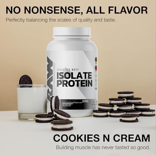 RAW Whey Isolate Protein Powder, Cookies N Cream - 100% Grass-Fed Sports Nutrition Protein Powder for Muscle Growth & Recovery - Low-Fat, Low Carb, Naturally Flavored & Sweetened - 25 Servings