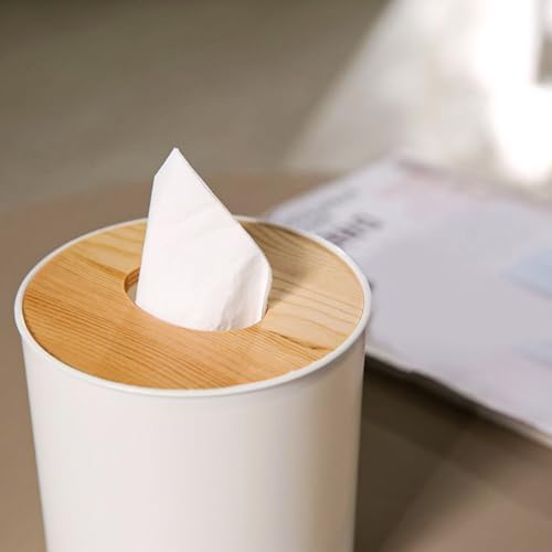 Bamboo Lid Round Tissue Holder Box 5x5'' – Decorative Toilet Paper Roll Dispenser & Dryer Sheet Case – Space-Saving Wood Organizer for Bathroom - for Paper Rolls Under 5 inches only