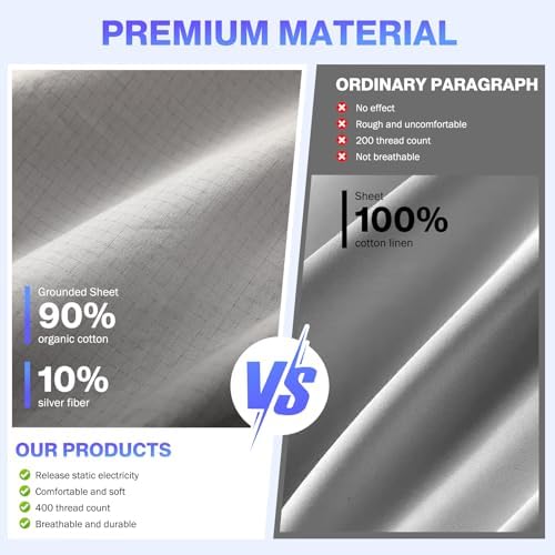Grounding Sheets King Size,Earth Grounded Fitted Bed Sheet 10% Pure Silver Fiber + 90% Organic Cotton, Bed Grounding Kit with grounding Cord for Improved Sleep & Wellness(Gray,King - 80"x78"x15")