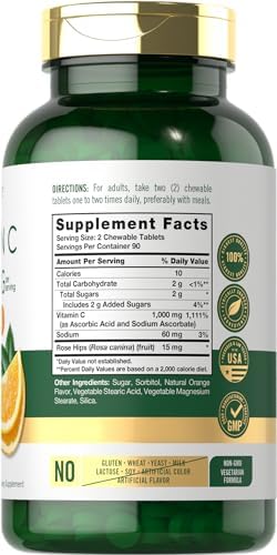 Carlyle Vitamin C Chewables | 1000mg | 180 Tablets | Vegetarian, Non-GMO, Gluten Free Supplement