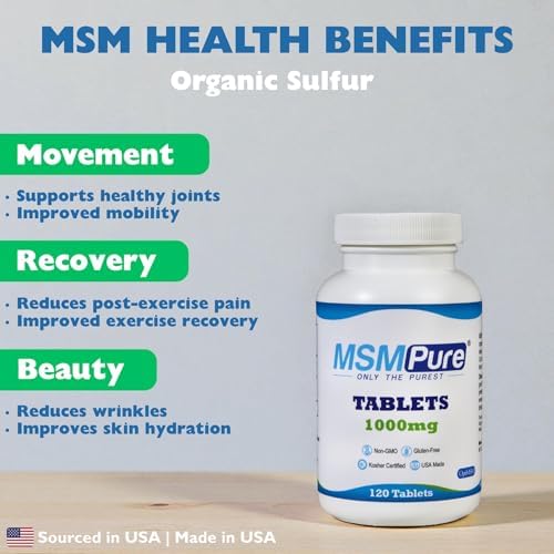 KALA HEALTH MSMPure MSM Tablets – 1,000 mg US-Made MSM per Tablet for Joint Health, Skin Appearance, Hair & Nail Support – Coated for Easy Swallowing, Tasteless – 120 Count