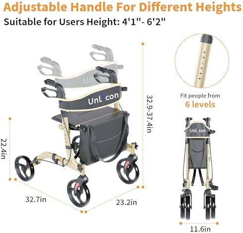 Rollator Walkers for Seniors Folding Rollator Walkers with Seat and Four 8 inch Wheels Medical Rollator Walker with Comfort Handles and Thick Backrest Aluminium Frame,Champagne