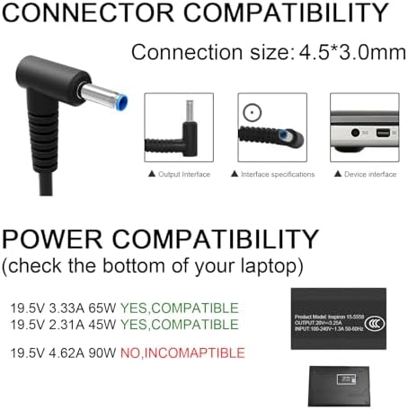 Charger Compatible with HP Laptop Computer 65W 45W Smart Blue Tip Power Adapter