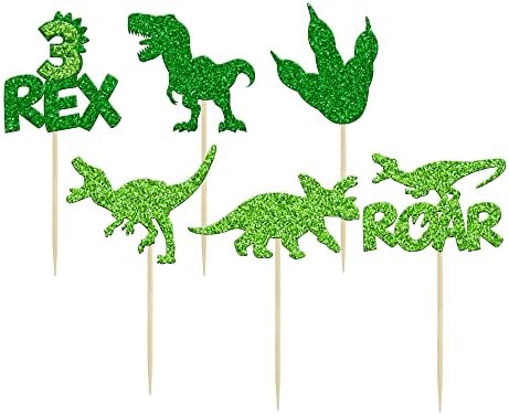 Gyufise 24Pcs Dinosaur Cupcake Toppers Green Glitter 3 Rex Roar Dinosaur Cupcake Picks Three Years Old Dino Theme Baby Shower Third Birthday Party Cake Decorations Supplies