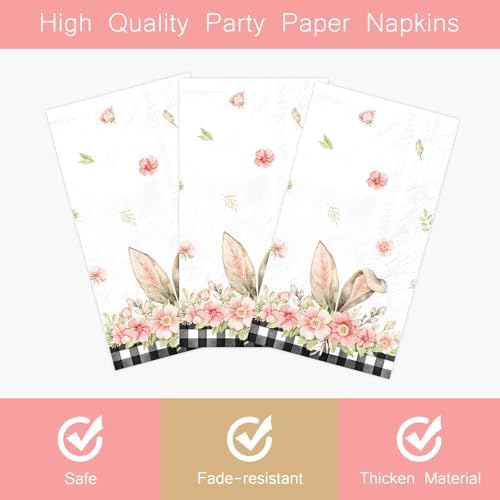 100 Pack Easter Bunny Paper Napkins Spring Flower Buffalo Plaid Bunny Ear Disposable Hand Towels Decorative Paper Guest for Farmhouse Bathroom Home Party Decor