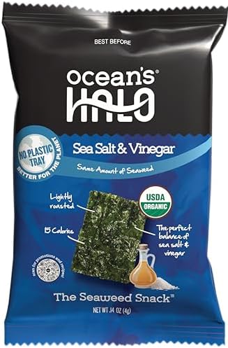 Ocean’s Halo Organic Seaweed Snacks – Sea Salt & Vinegar, Trayless, Vegan, Crispy Salty Snacks, 20-Pack (0.14 oz each)