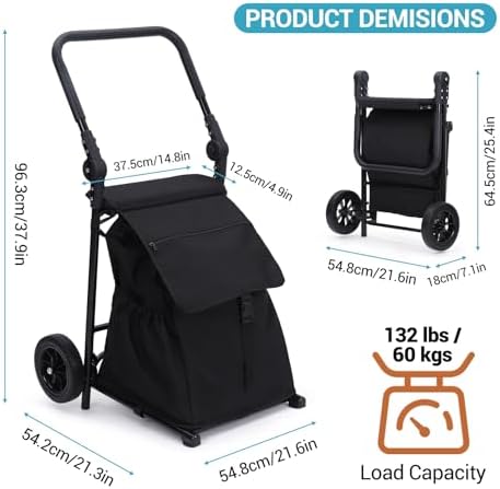 2-in-1 Foldable Grocery Cart with Seat, Portable Utility Cart & Hand Truck, 32.5 Gal Removable Waterproof Bag, Heavy Duty Collapsible Shopping Trolley, 132 lbs Capacity, Black