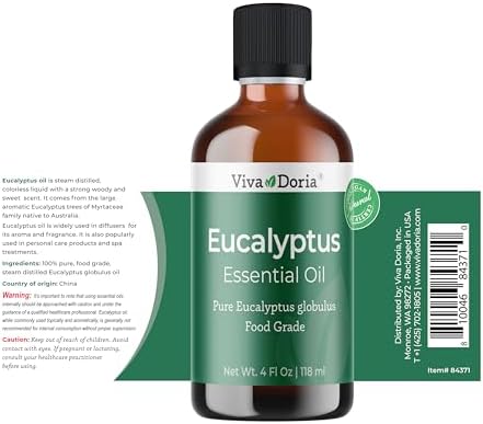 Viva Doria Eucalyptus Essential Oil, Food Grade, 118 ml (4 Fl Oz) | 100% Pure & Natural Eucalyptus Globulus | Aromatherapy Oil for Diffuser, Steam, and Massage