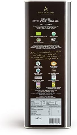 A ATLAS OLIVE OILS Bulk Organic Cold Pressed Moroccan Extra Virgin Olive Oil, Polyphenol Rich, Newly Harvested Unprocessed from One Single Family Farm Cold Press Ext. Virgin 170 Fl Oz (Pack of 1)