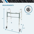 BodyMed Two Button Folding Walker with Wheels, Lightweight Mobility Aid with Foam Grips for Seniors and Adults, 300 lb. Maximum Weight Capacity