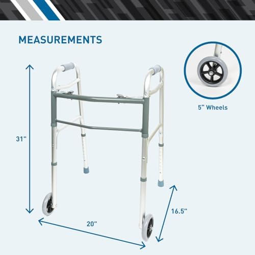 BodyMed Two Button Folding Walker with Wheels, Lightweight Mobility Aid with Foam Grips for Seniors and Adults, 300 lb. Maximum Weight Capacity