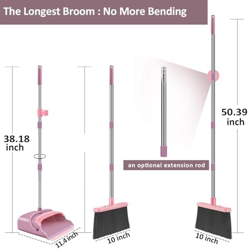 Broom and Dustpan Set for Home, Office, Indoor&Outdoor Sweeping, Stand Up Broom and Dustpan (Pink)