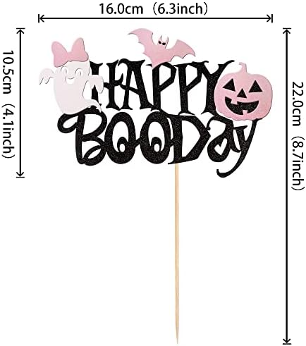 1 PCS Happy Boo Day Cake Topper Black and Pink Glitter Spooky Bow Bat Pumpkin Cake Pick Halloween Little Boo Cake Decorations for Halloween Theme Baby Shower Kids Birthday Party Supplies