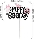 1 PCS Happy Boo Day Cake Topper Black and Pink Glitter Spooky Bow Bat Pumpkin Cake Pick Halloween Little Boo Cake Decorations for Halloween Theme Baby Shower Kids Birthday Party Supplies