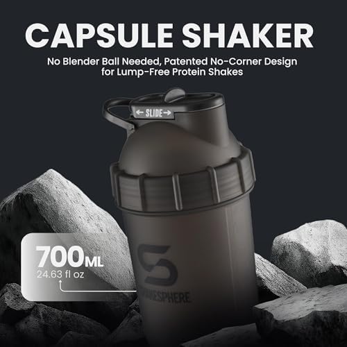 SHAKESPHERE Shaker Bottle - 24oz Leak Proof Protein Shaker Bottle for Pre Workout, Smoothie, and Powder Drink Mixes, No-Blade Mixer for Gym, BPA-Free, Easy Clean & Easy to Carry (Frosted Black)