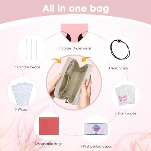 First Period Kit for Girls 9-12,Thoughtful First Period Gift,Tween Period Starter Kit with Spare Underwear, Wipes,Period Knowledge Cards and More. (Milk apricot white)