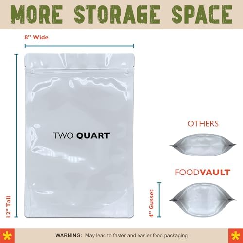 2 Quart Mylar Bags, 16 Mil Total Thickness, Stand-Up Vacuum Seal Bag for Long-Term Food Storage, Dehydrated Meals [50-Pack | 8" x 12" x 4"]