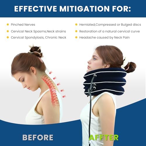 Cervical Neck Traction Device for Home Use Pain Relief,Neck Stretcher,Inflatable Support Neck Brace Adjustable,Neck Stress Relief&Relaxation Metal Valve TPU Liner with Air-Tightness(Blue)