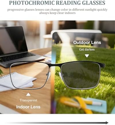 Photochromic Progressive Reading Glasses for Men | Blue Light Blocking Multifocal Readers for Computer & Reading