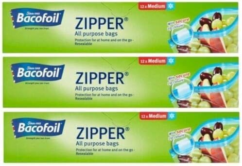 Bacofoil 3 x Zipper Medium All Purpose Bags Food Freezing Storage Bags (total 36 bags)
