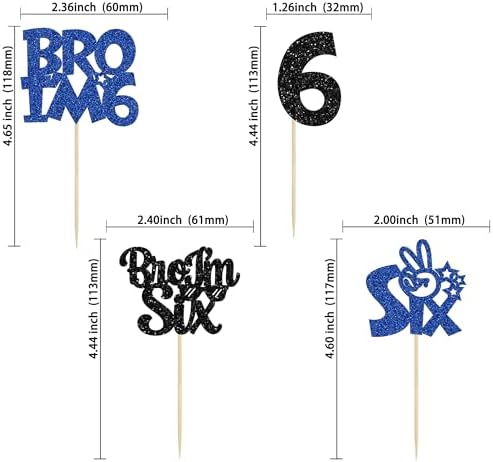 Ephlyn 24Pcs Bro I'm 6 Cupcake Toppers Glitter Boy 6th Birthday Cupcake Pick Decorations for Cheers to Six Years Old Big Brother 6th Birthday Party Supplies