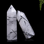 Acxico 1 pcs 7-8cm Natural Tourmaline Black Hair Quartz Crystal Hexagonal Point Wand Healing Reiki