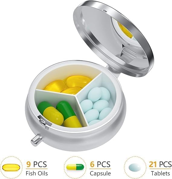3 Compartment Metal Pill Box, Round Tiny Pill Case with Mirror, Portable Pill Organizer for Purse, Art Print, Multi-use Jewelry Container (Blue Marble)