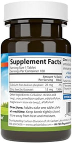 Carlson - Zinc, 15 mg, Zinc Supplement, Zinc Gluconate, Immune Support & Skin Health, Zinc Tablets, Antioxidant, Zinc Capsules, 100 Tablets