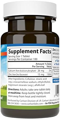 Carlson - Zinc, 15 mg, Zinc Supplement, Zinc Gluconate, Immune Support & Skin Health, Zinc Tablets, Antioxidant, Zinc Capsules, 100 Tablets