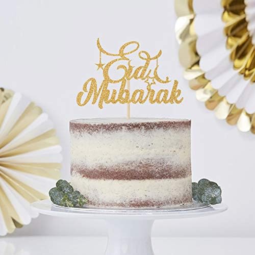 Eid Mubarak Cake Topper - Ramadan Party Decorations - Hajj Mubarak Festival Anniversary Party - Muslim Islam Celebration Decoration Gold Glitter.