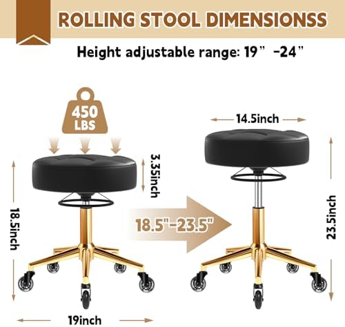 Rolling Stool Heavy Duty 450lbs - Reinforced with Golden Alloy Steel, Super Soft Thick Cushion, 360° Swivel, Smooth Rolling NO Noises, Adjustable Stool with Wheels for Massage Tattoo Spa, (Black)
