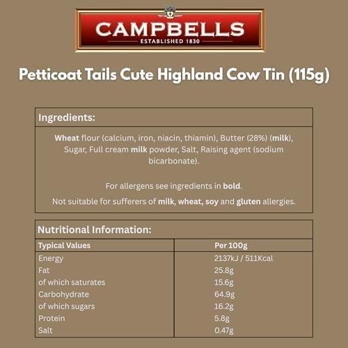 Campbells Shortbread Petticoat Tails Cookies Tin 4.1 Oz (115g) - Cute Highland Cow Decorative Tin with Pure Butter Scottish Shortbread Cookies from Scotland, British Tea Biscuits Gift, Scottish Snacks