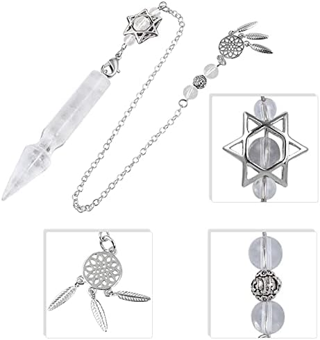 TUMBEELLUWA Crystal Point Pendulum for Divination Dowsing Faceted Stone Pendant Pendulum with Dream Catcher and Merkaba Star Chain, Rock Crystal