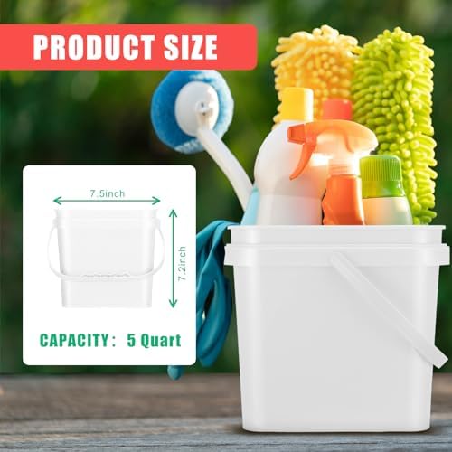 Jingmore 4 Pcs Plastic Bucket 5 Quart Square Bucket Utility Small Pail with Handle Sturdy Pail Organizer for House Cleaning Storage Livestock Feeding Car Washing Food Storage, No Lids(White)