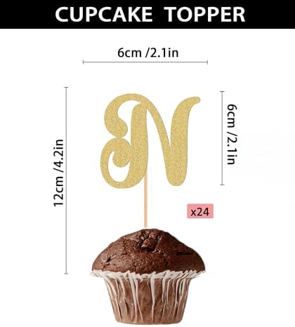 26 letter Cupcake Topper - 24 Pack Glitter Gold letter N Cupcake Decorations, Suitable for Birthday Party, Wedding Anniversary or Photo Booth Props (N)