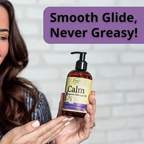 Calm Massage Oil for Massage Therapy with Lavender & Chamomile Essential Oils to Relax Sore Muscles | All Natural with Coconut, Grapeseed & Jojoba for Smooth Skin | Brookethorne Naturals 8oz