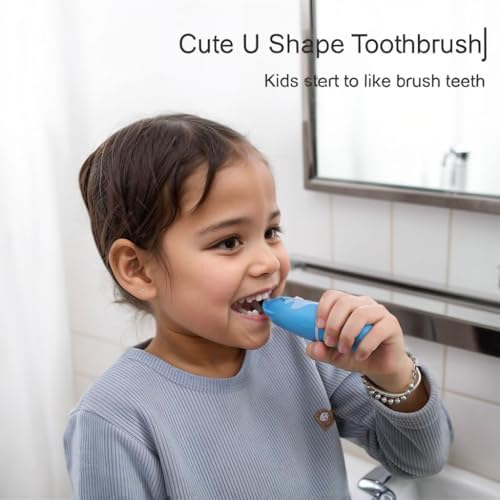 Ariie Ultrasonic Kid's U-Shaped Electric Toothbrush, Slim Design, Waterproof Battery Powered 360 Oral Teeth Cleaning Design, Automatic Toddler Toothbrush with Food Grade Soft Silicone Brush Head