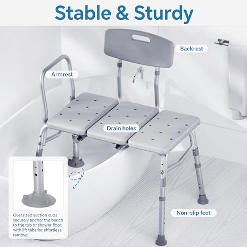 HOMLAND Tub Transfer Bench for Bathtub, FSA/HSA Eligible 400 lbs Heavy Duty Shower Chair with Backrest, Slip-Resistant Feet, Height Adjustable Shower Bench Shower Seat for Elderly and Disabled