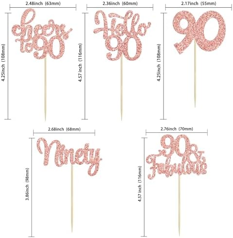 Gyufise 30pcs Happy 90th Birthday Cupcake Toppers - Rose Gold Glitter Ninety Cheers to 90 Years Old Cupcake Picks for Anniversary Party Cake Decorations