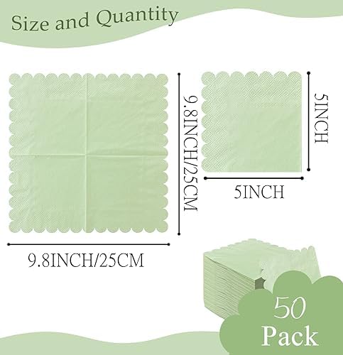 HEIPINIUYE 50 Pieces 2-ply Sage Green Napkin Disposable Scalloped Cocktail Napkins Beverage Napkins Dessert Napkins Paper Napkins for Wedding Birthday Party Paper Dinner Napkins