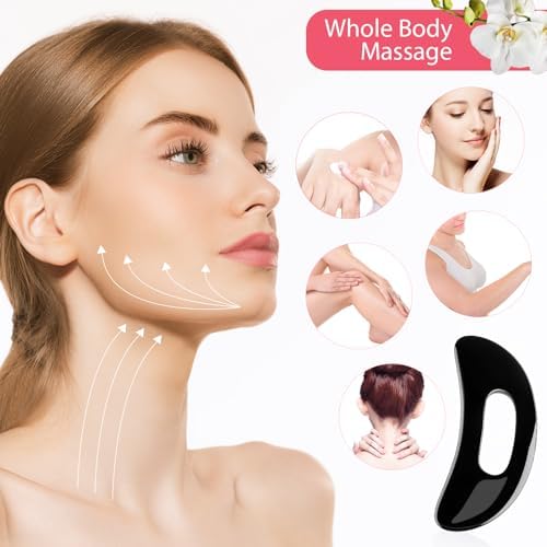 Treela 5 Pcs Gua Sha Facial Tools Set and 1 Pcs Body Gua Sha Massage Tool with Handle for Face Back Neck Leg Body Scraping Massage Board Guasha Comb(Jade, Resin,Black)