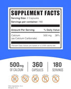 BulkSupplements.com Calcium Carbonate Capsules - Calcium Carbonate Supplement, Calcium Carbonate 500mg - Calcium Supplement, Gluten Free, 2 Capsules per Serving, 360 Capsules (Pack of 1)