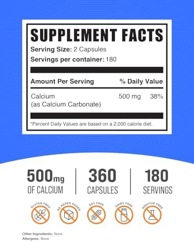 BulkSupplements.com Calcium Carbonate Capsules - Calcium Carbonate Supplement, Calcium Carbonate 500mg - Calcium Supplement, Gluten Free, 2 Capsules per Serving, 360 Capsules (Pack of 1)